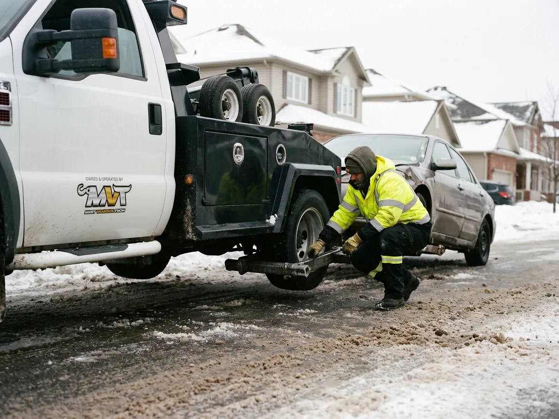 Tow truck wheel-lift securing a damaged vehicle after an Ottawa collision